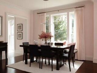 A light pink dining room with a large window.