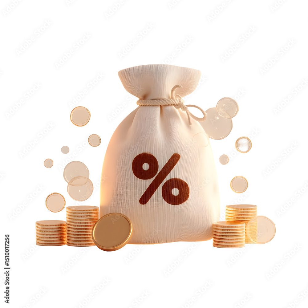 Poster stylized 3d rendering of a soft beige money bag with a percentage symbol and a stack of golden coins