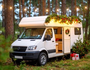 White camper van decorated for Christmas