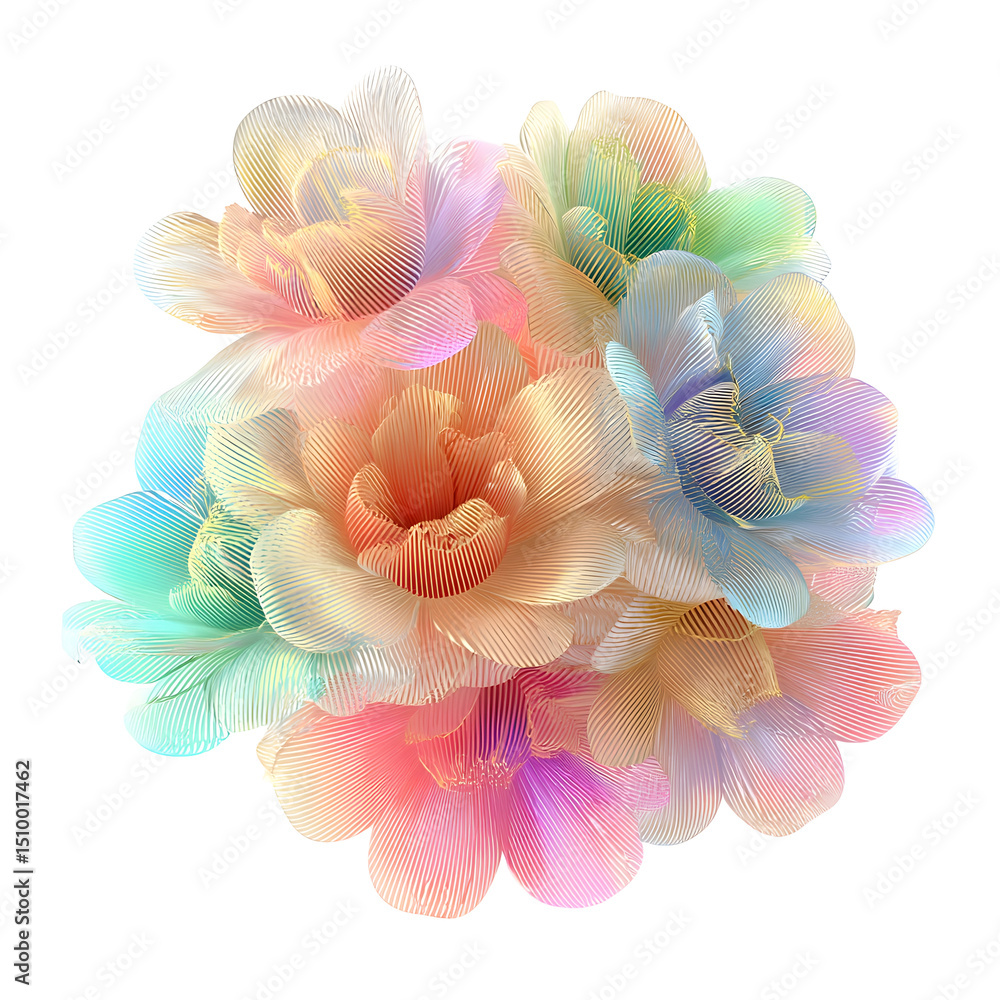Aufkleber A captivating and ethereal 3D rendering of a vibrant pastel floral bouquet with delicate petals and soft glowing lighting against a transparent white background