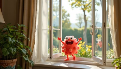 cheerful 3d germ characters dancing in air next to open window illustrating airborne transmission and ventilation concept