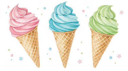 A sweet set of delicious cold ice cream cones, perfect for a summer dessert illustration