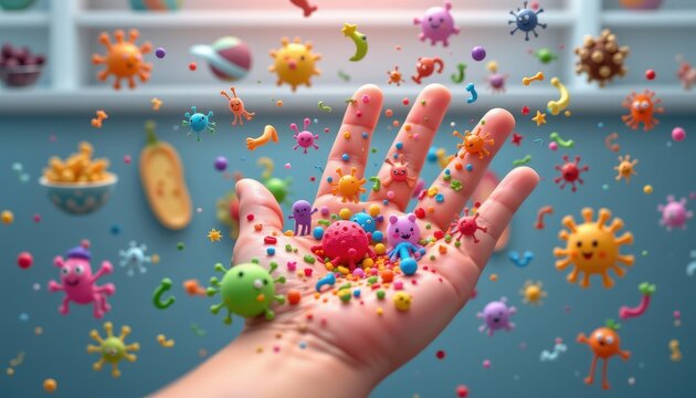 3d cartoon hand covered in colorful germs reaching for snack food showing hygiene importance before eating
