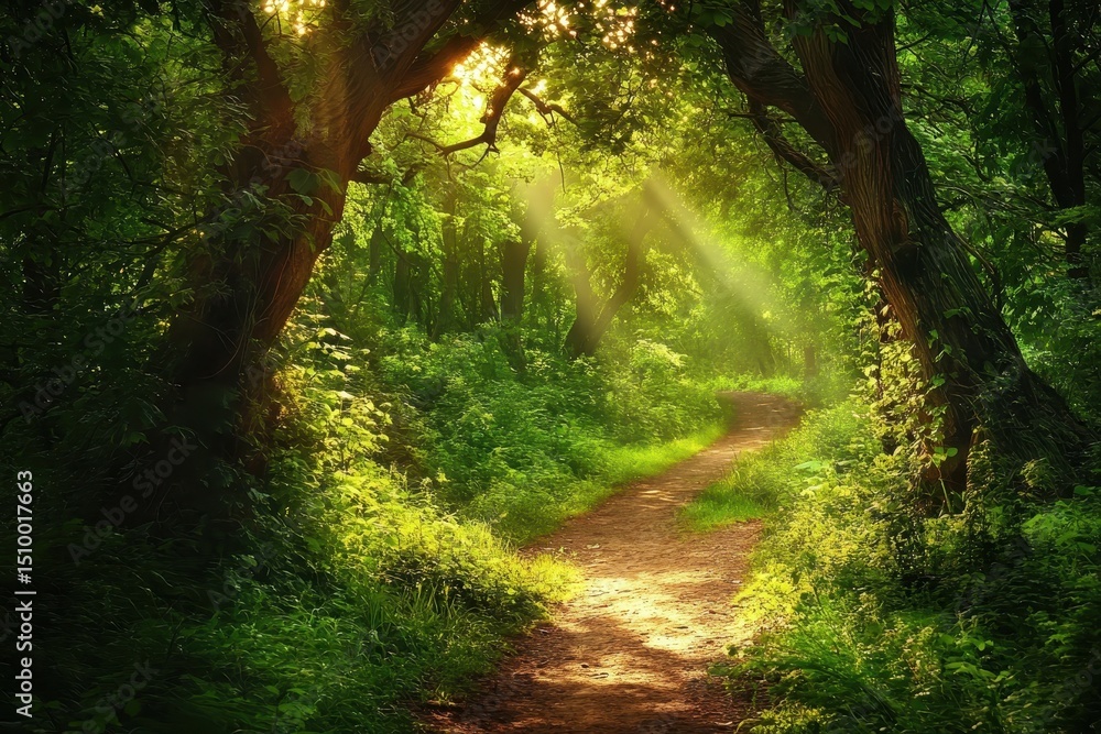 Poster sunlight filters through trees onto narrow forest path in tranquil woodland, sunlight filtering thro