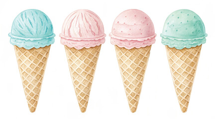 A sweet and delicious set of isolated ice cream cones in various cold summer flavors