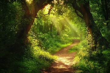 Obraz premium Sunlight filters through trees onto narrow forest path in tranquil woodland, Sunlight filtering through trees onto narrow path in lush green forest