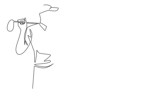 Animation of continuous one line drawing a young man wearing gloves and a hat is putting a golf club on his shoulder. Waiting for his turn. Practice. National Golf Day. Full length motion
