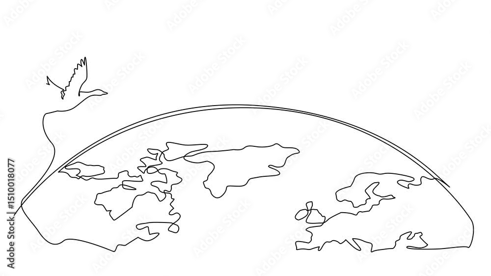Poster self drawing animation of continuous one line drawing goose mass flight across half the size of the 