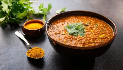 Masoor Dal Indian Red Lentil Curry with Turmeric and Fresh Herbs in Bowl