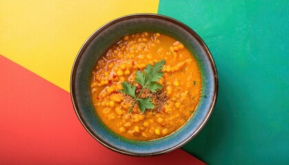 Masoor Dal Indian Red Lentil Curry with Turmeric and Fresh Herbs in Bowl on vibrant back ground top view