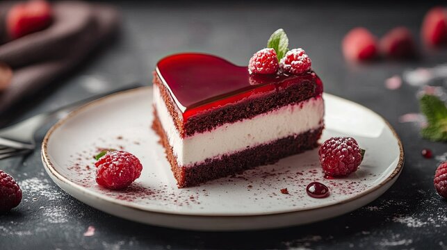 A delectable slice of heart shaped red velvet cake adorned with fresh raspberries symbolizing love and indulgence on a