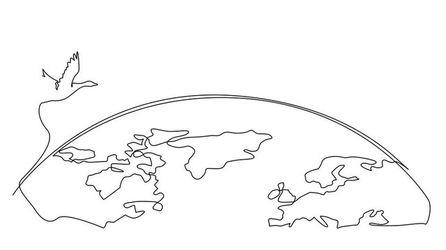 Self drawing animation of continuous one line drawing goose mass flight across half the size of the globe. Go in groups to avoid the winter. Adaptation. World Migratory Bird Day. Full length animated