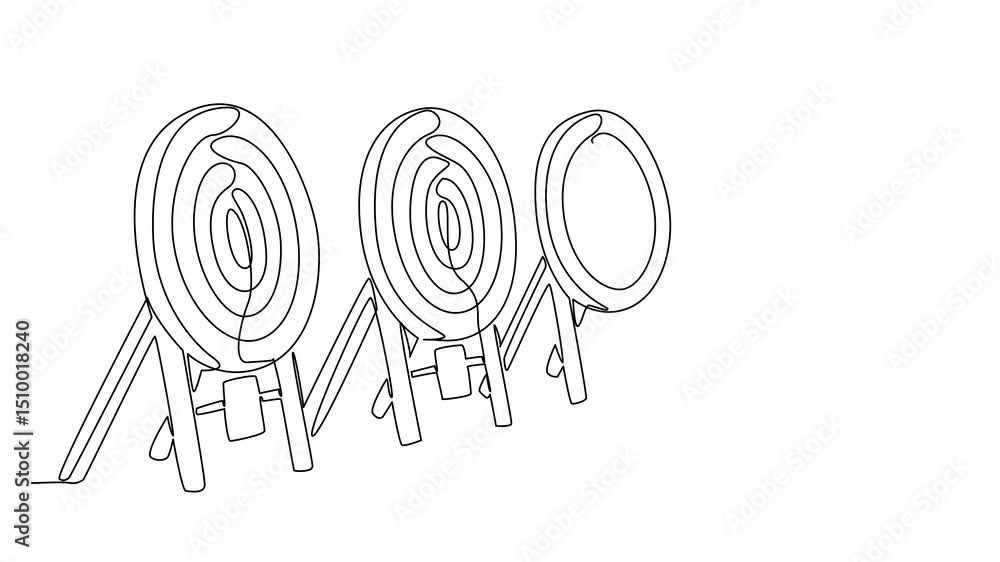 Poster animation of single one line drawing 5 dart target boards lined up. archery target pads are prepared
