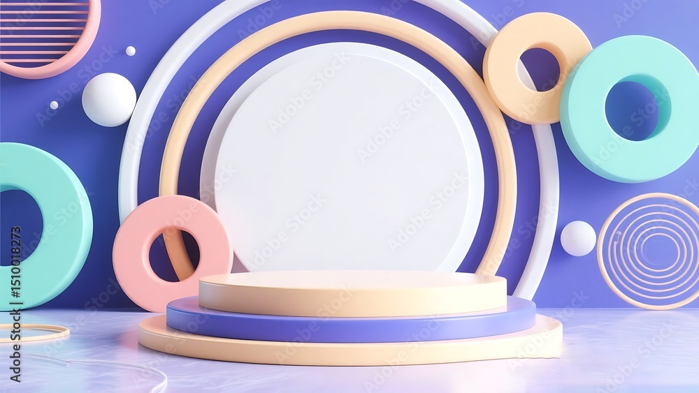Poster abstract pastel color palette 3d render product display podium with geometric shapes and circles