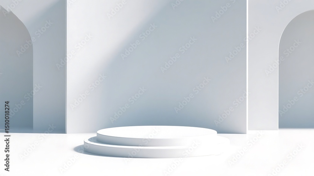 Poster minimalist white product display platform clean archways and stage setting for showcase