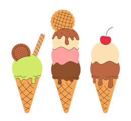 Three hand drawn icon of melted scoop of vanilla, classic creamy ice cream in waffle cone isolated on white background. Summer Creme Brulee, chocolate, strawberry, pistachio gelato. Flat vector EPS10