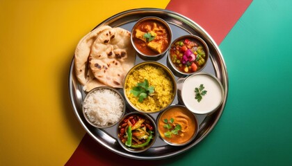 Authentic Indian Thali A Culinary Journey on a Platter on vibrant color background top view