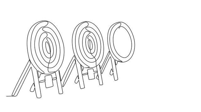 Animation of single one line drawing 5 dart target boards lined up. Archery target pads are prepared for the competition. Looking for talent. Tournament. Archery Day. Full length motion
