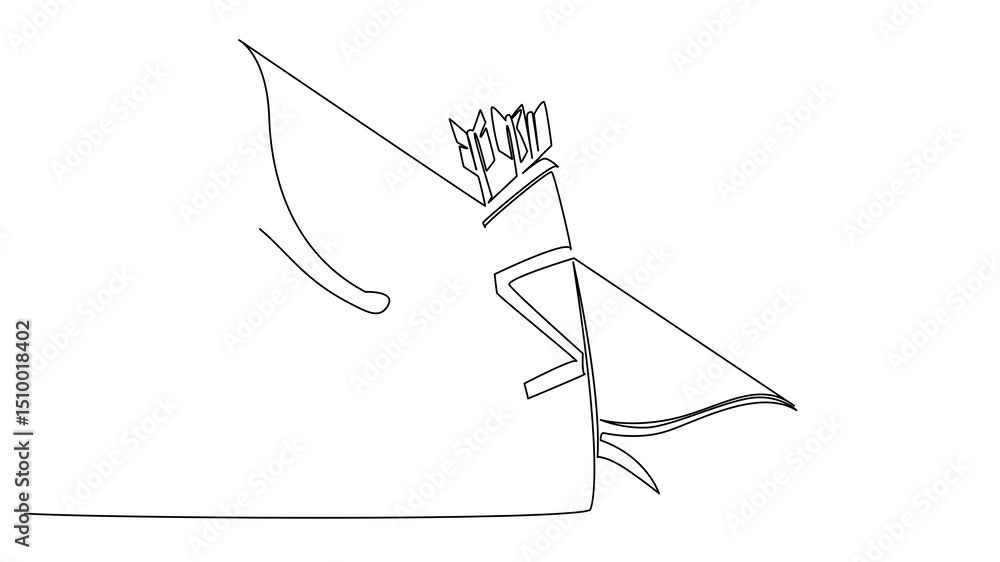 Poster animation of continuous one line drawing the bow and arrows are in the quiver. classic weapons that 