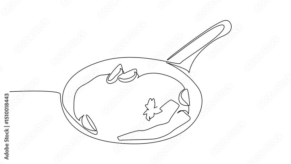 Poster self drawing animation of single continuous line drawing fried egg with sliced meat, sliced tomatoes