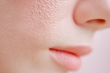 Fototapeta premium Close-up View of Pitted Acne Scars on a Soft Cheek, Showcasing the Texture and Appearance of the Skin, Ideal for Understanding Skin Conditions and Their Effects on Facial Beauty