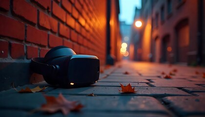 VR headset on brick wall in alley at twilight, orange lights, autumn leaves, created with generative ai