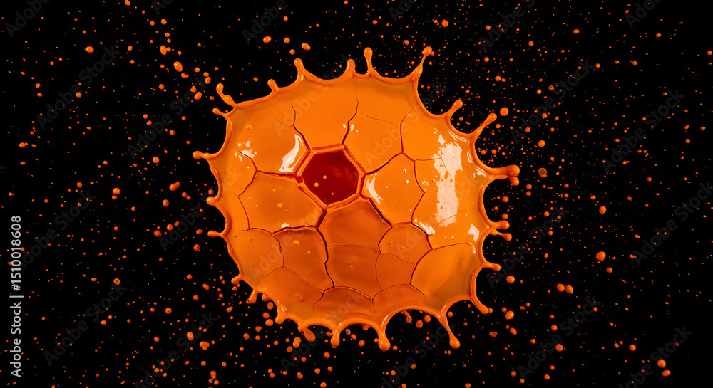 Poster vibrant orange paint splatter with hexagonal pattern on deep black background