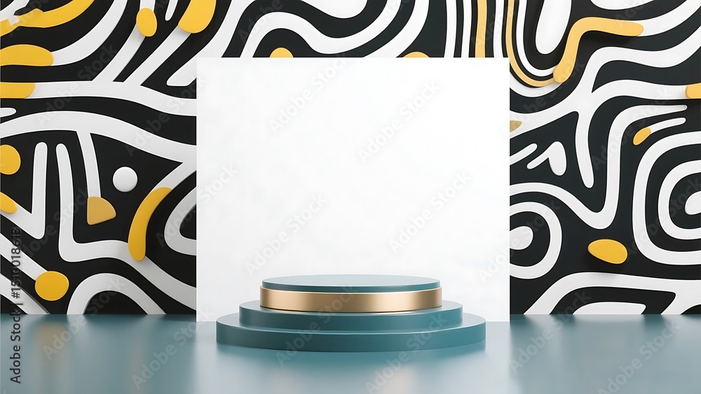 Poster abstract teal and gold podium display with swirl pattern background modern product showcase