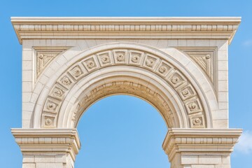 Obraz premium Modern Architectural Arch With Intricate Detailing Featuring a Star Emblem Against a Clear Blue Sky Backdrop