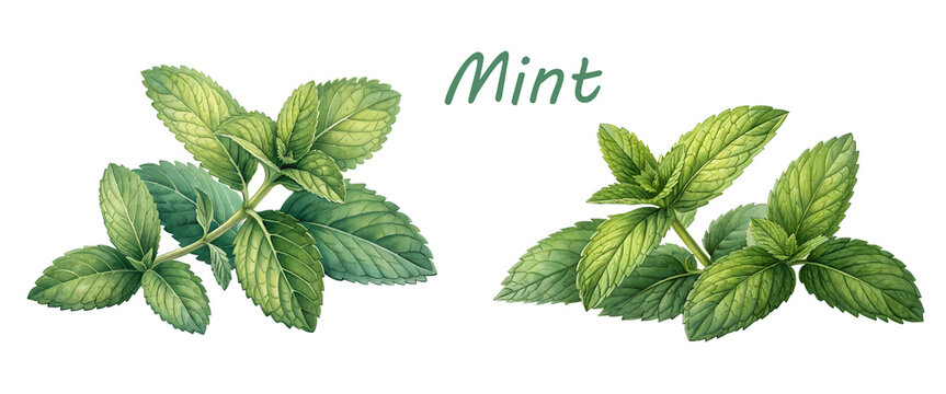 Watercolor artwork of fresh mint leaves. Tea packaging, organic product labels, herbal medicine visuals, summer-themed designs, health blogs, food illustrations, kitchen prints, botanical collections