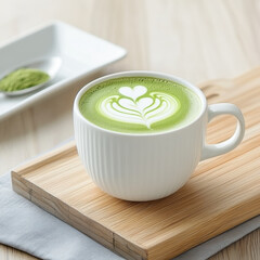 Creamy matcha latte with heart latte art in white ceramic cup on wooden tray