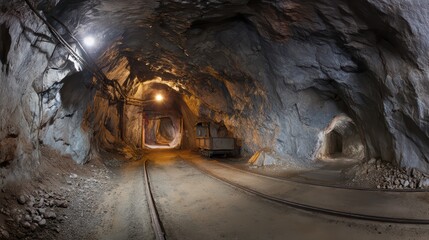 Underground mine tunnel with railway tracks and illuminated by lights