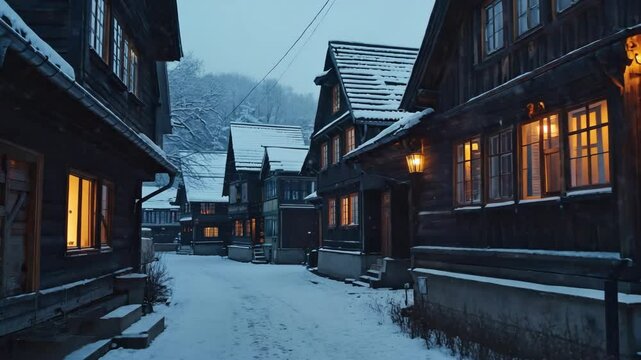 snowy traditional village street at night with warm yellow lights glowing on houses and snow-covered rooftops