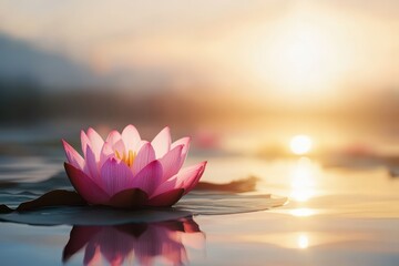 Pink lotus flower floats on tranquil water during sunrise near calm horizon, Pink lotus flower floating on serene water at sunrise