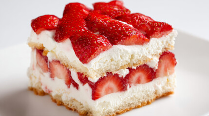 Delicious strawberry dessert layered with cream and sponge cake served on a white plate