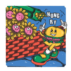 there are flowers and burgers, this is the mascot that I just worked on after a few days that made me quite tired
