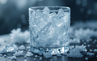 Whiskey glass filled with ice cubes and frost on a dark surface