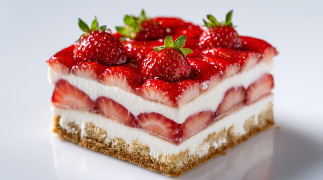 Fresh strawberry dessert layered with cream and biscuit base displayed beautifully on a white plate