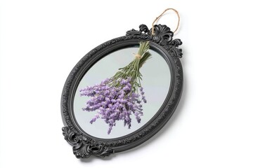 Vintage Cracked Mirror in Ornate Black Frame Showcasing Dried Lavender Bouquet in a Serene Display