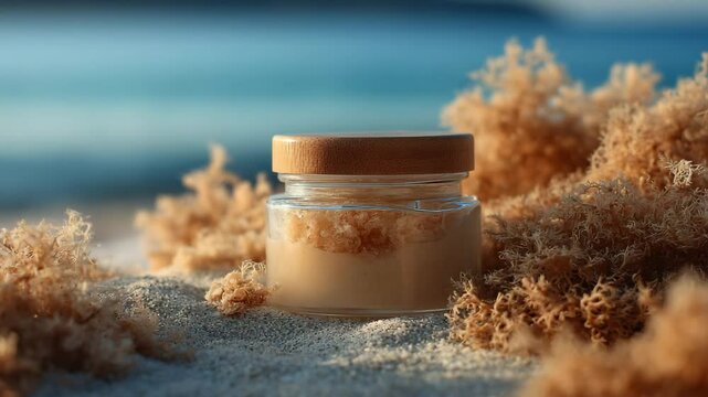 Beige sea moss gel in a closed glass jar surrounded by fluffy dried sea moss on sunlit sand, with turquoise ocean softly blurred in the background.