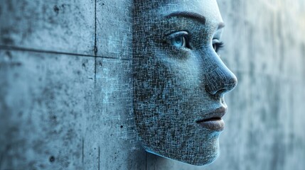 AI Awakening A digital mosaic of a woman s face emerges from a concrete wall symbolizing the fusion of technology and