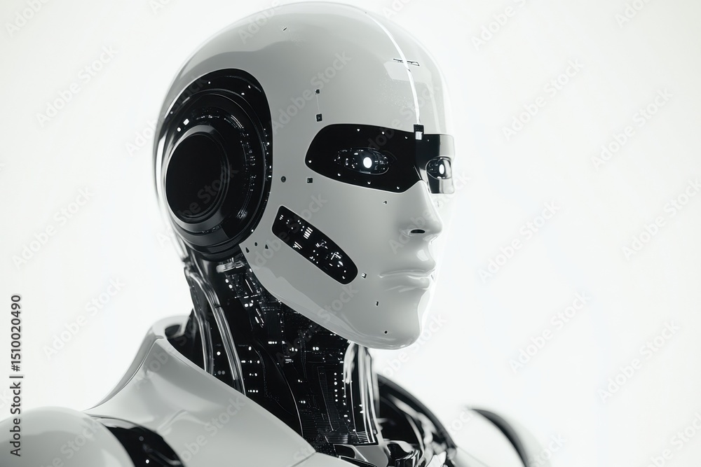 Poster a stunning close-up of a futuristic robot head showcasing high-tech features, sleek design, and intr