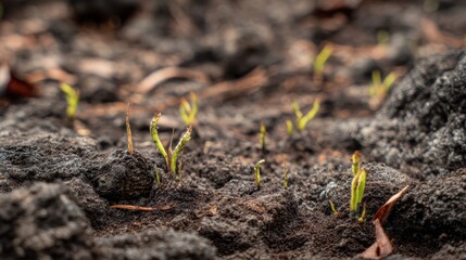 New green shoots emerging from charred soil near a burnt log