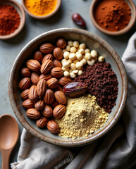 Rustic Ayurvedic power bowl with ashwagandha powder, nuts, cocoa, and dates. Top-down composition with masculine tones, spices in small bowls, natural cloth, wooden spoon
