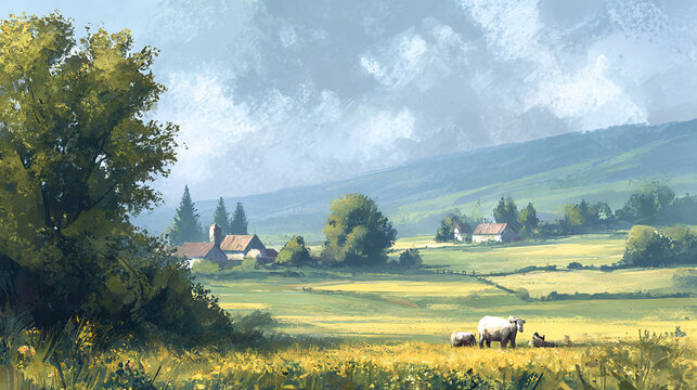 A picturesque countryside scene with sheep grazing in a field near houses and rolling green hills