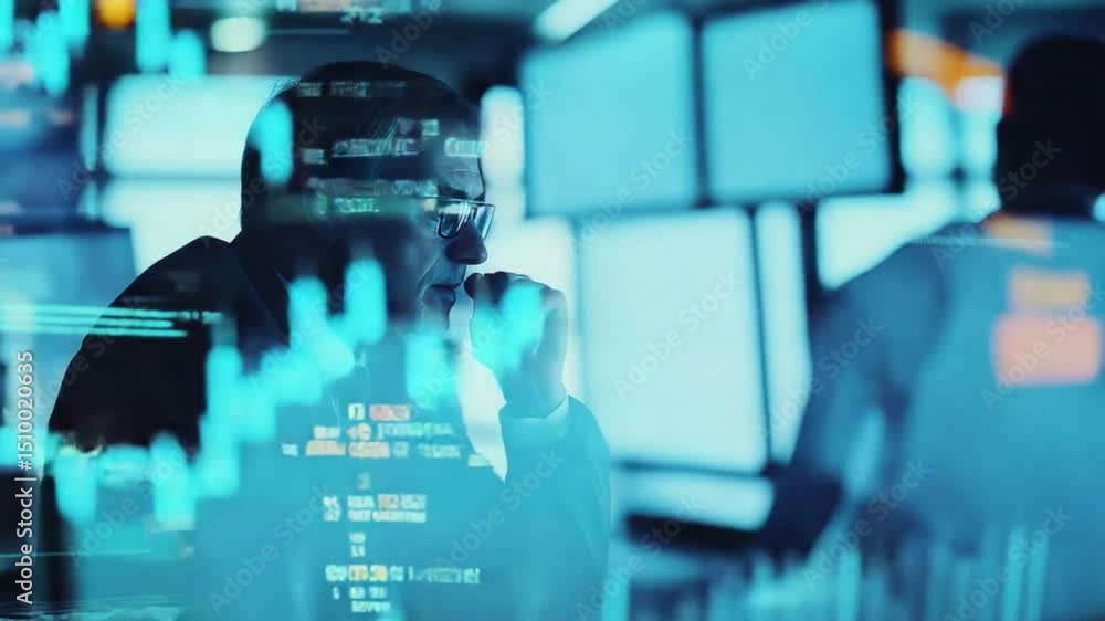 Poster tech analysts at work: a dramatic image capturing the intense focus of a tech analyst, immersed in a