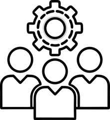 Obraz premium Three people with gear in outline vector, team configuration symbol, transparent background.