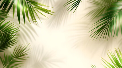 Fototapeta premium Blurred shadow from palm leaves on light cream wall. Minimalistic beautiful summer spring background for product presentation.