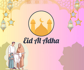 An illustration themed around Eid Al-Adha featuring a Muslim family, pastel gradient background, golden mosque icon, and traditional Islamic lantern decorations