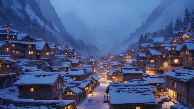 snowy mountain town glowing with warm lights during the evening, peaceful winter night in a cozy alpine village